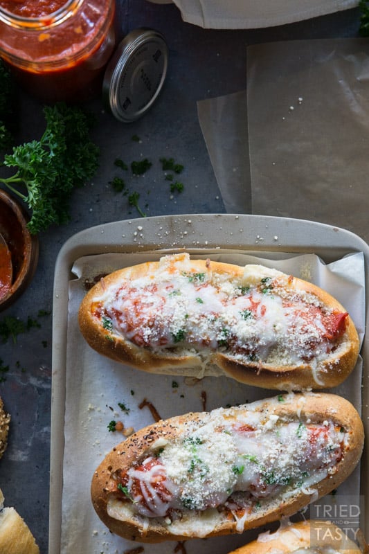Three Cheese Italian Meatball Subs // Meatball subs taken to the next level with THREE different kinds of cheese. The cheese lover inside will shout for joy at first bit of these tasty sub sandwiches! | Tried and Tasty