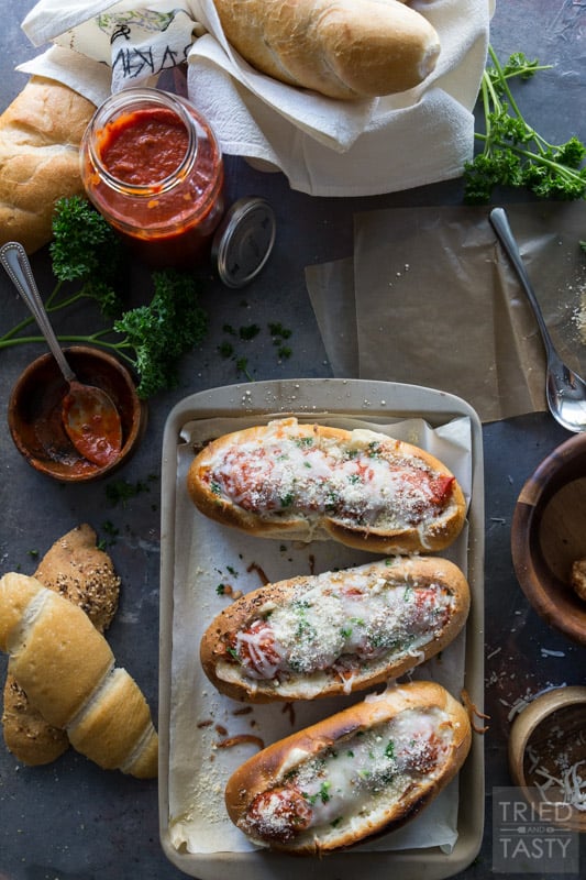 Three Cheese Italian Meatball Subs // Meatball subs taken to the next level with THREE different kinds of cheese. The cheese lover inside will shout for joy at first bit of these tasty sub sandwiches! | Tried and Tasty