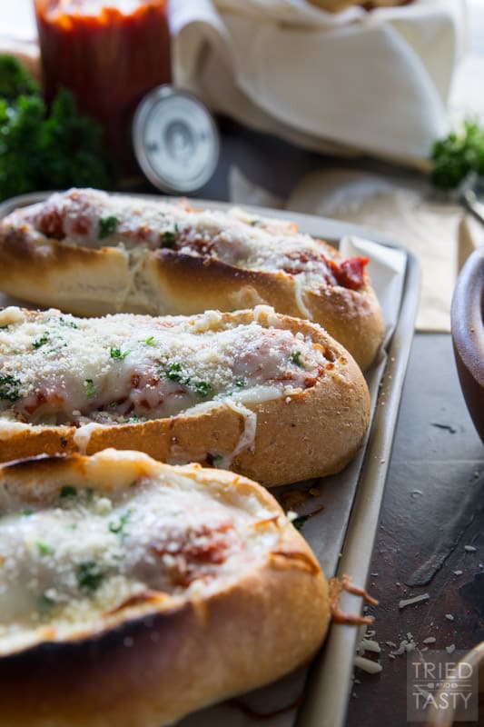 Three Cheese Italian Meatball Subs // Meatball subs taken to the next level with THREE different kinds of cheese. The cheese lover inside will shout for joy at first bit of these tasty sub sandwiches! | Tried and Tasty