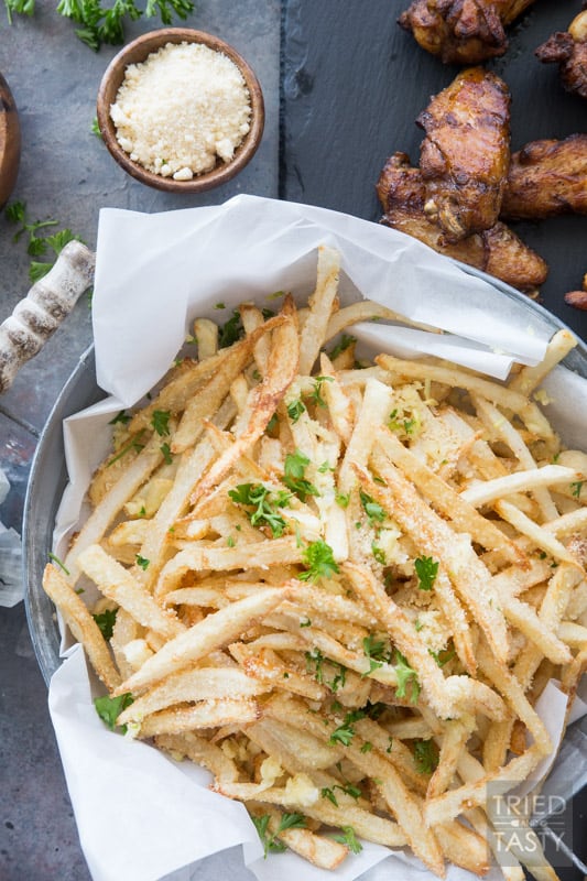 Game Day Wings 'n Parmesan Garlic Fries // Need a game day appetizer? Want some fun finger food that's sure to please a crowd? This power packed combo is sure to give you're guests exactly what they want! | Tried and Tasty