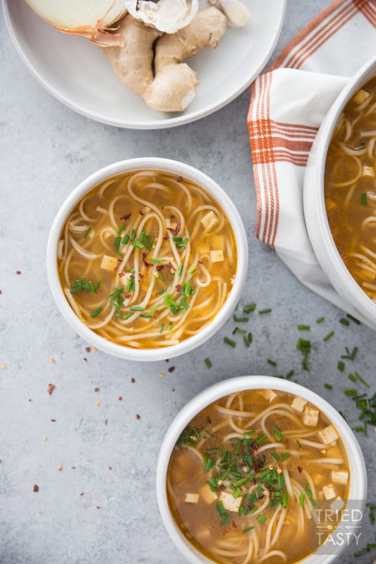 Simple Homemade Vegetarian Ramen // Processed ramen is full of so many things you don't want or need in your food. Make it from scratch and you get to control what you're eating. Plus it tastes phenomenal super fresh! | Tried and Tasty