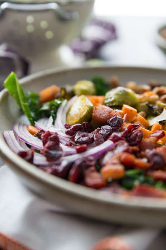 Sweet Potato, Kale and Brussels Sprouts Winter Bowl // This winter bowl is the perfect cure to the seasonal blues. Packed with delicious veggies and ever so slightly sweetened with maple candied walnuts and cranberries! | Tried and Tasty