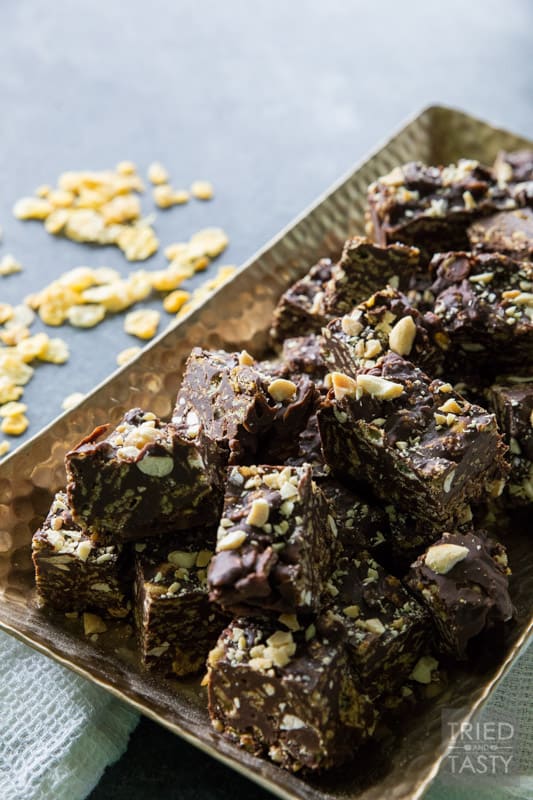Salted Dark Chocolate No Bake Crunch Bars // Stop the presses! These no-bake treats have an amazing ingredient lineup and will be irresistible by any chocolate lovers who try them! Prep time is less than 15 minutes, then all you have to do is chill. It's just that easy! | Tried and Tasty
