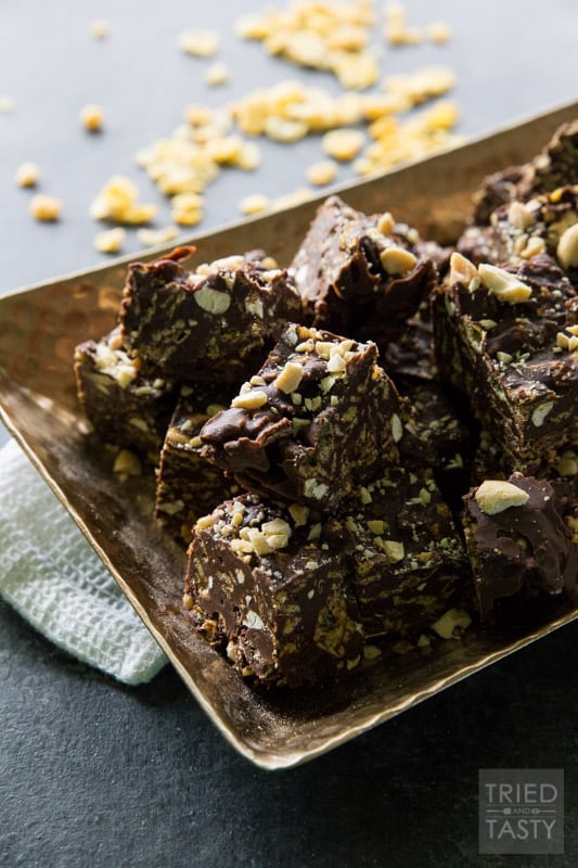Salted Dark Chocolate No Bake Crunch Bars // Stop the presses! These no-bake treats have an amazing ingredient lineup and will be irresistible by any chocolate lovers who try them! Prep time is less than 15 minutes, then all you have to do is chill. It's just that easy! | Tried and Tasty