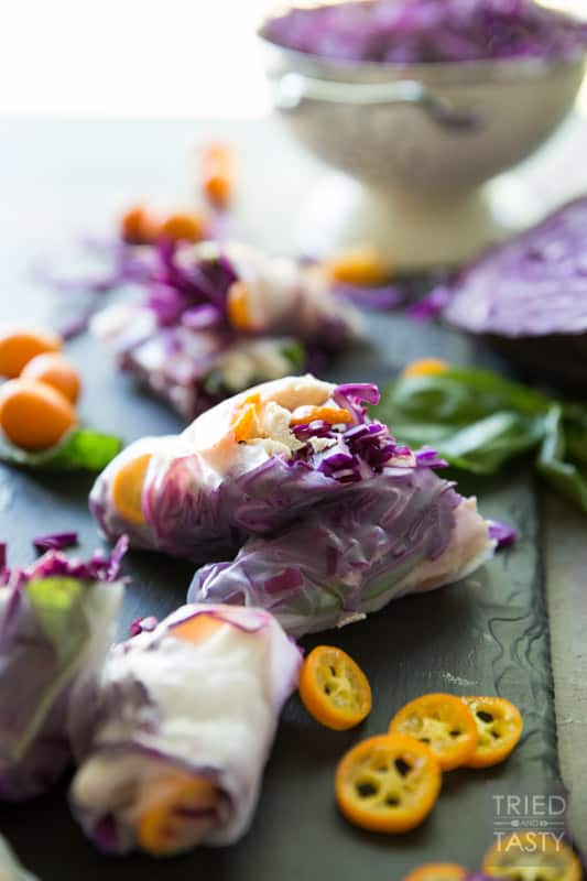 Summer Cabbage Spring Rolls // If you're looking for a refreshing, five ingredient, quick & easy appetizer (that could even double as a light lunch) - these spring rolls are exactly what you need! With flavors as vibrant as the colors, you can snack easy knowing you've got a tasty AND healthy option for any day of the week! | Tried and Tasty