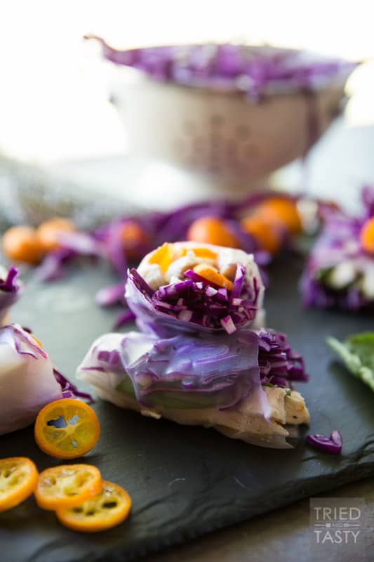 Summer Cabbage Spring Rolls // If you're looking for a refreshing, five ingredient, quick & easy appetizer (that could even double as a light lunch) - these spring rolls are exactly what you need! With flavors as vibrant as the colors, you can snack easy knowing you've got a tasty AND healthy option for any day of the week! | Tried and Tasty
