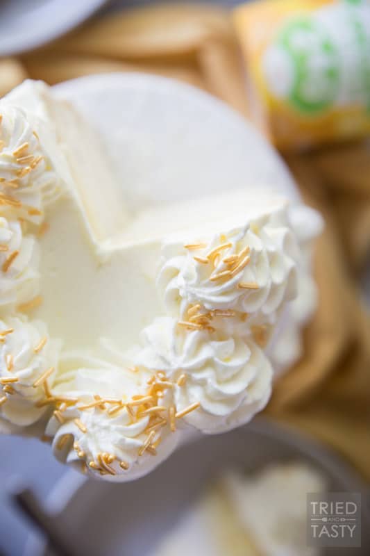 Lemon Lovers Ice Cream Cake // Calling all lemon lovers, this ice cream cake screams summer with the most delicious lemon cake sandwiched between a layer of lemon ice cream and a layer of vanilla bean ice cream covered in light and fluffy lemon whipped cream frosting! | Tried and Tasty