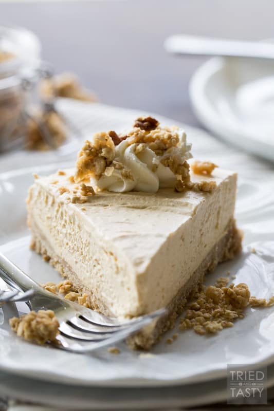 Almost No Bake Maple Pecan Pumpkin Cheesecake // You'd never guess the secret ingredient in the crust of this delicious cheesecake! I'll give you a hint: it's not graham cracker! With a light pumpkin flavor, this cheesecake is perfectly sweetened with a touch of maple & pecan. | Tried and Tasty