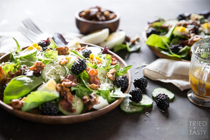 Blackberry Bacon and Egg Salad With Maple Dijon Vinaigrette // The flavors in this tasty summer salad marry so well together you'll want this every day for lunch! Deliciously tart blackberries, salty bacon and a to-die-for vinaigrette! | Tried and Tasty