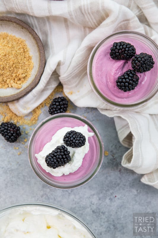 No Bake Blackberry Cheesecake // Smooth. Creamy. Delicious. NO BAKE! This dessert hits ALL the marks. Blackberry lovers will flip over this quick & easy dessert! | Tried and Tasty