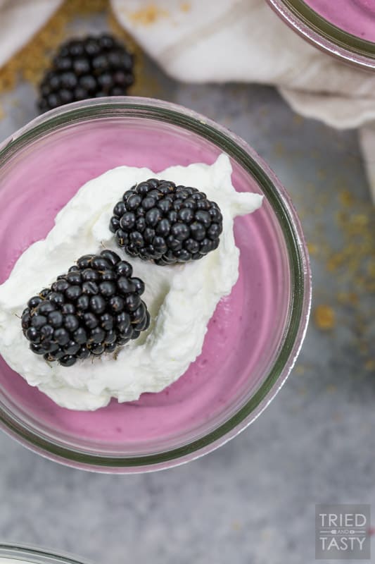 No Bake Blackberry Cheesecake // Smooth. Creamy. Delicious. NO BAKE! This dessert hits ALL the marks. Blackberry lovers will flip over this quick & easy dessert! | Tried and Tasty