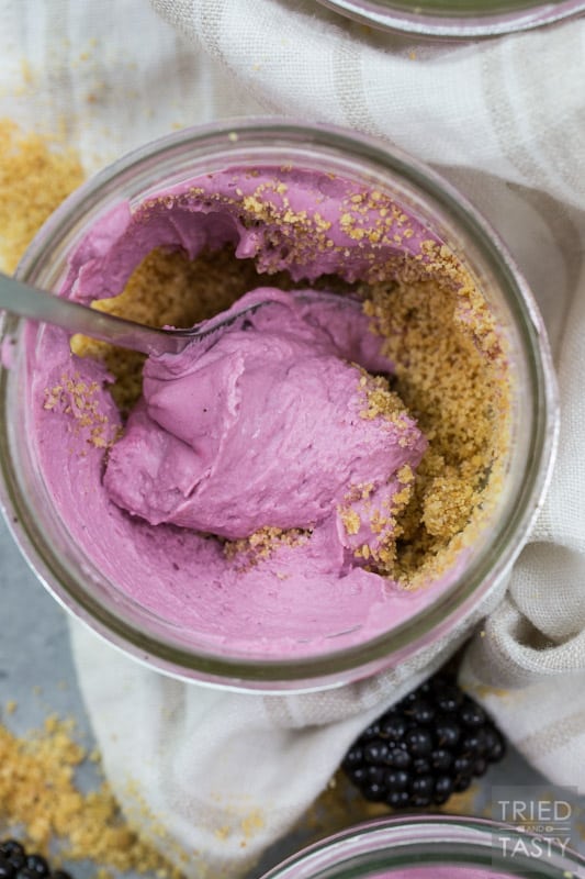 No Bake Blackberry Cheesecake // Smooth. Creamy. Delicious. NO BAKE! This dessert hits ALL the marks. Blackberry lovers will flip over this quick & easy dessert! | Tried and Tasty