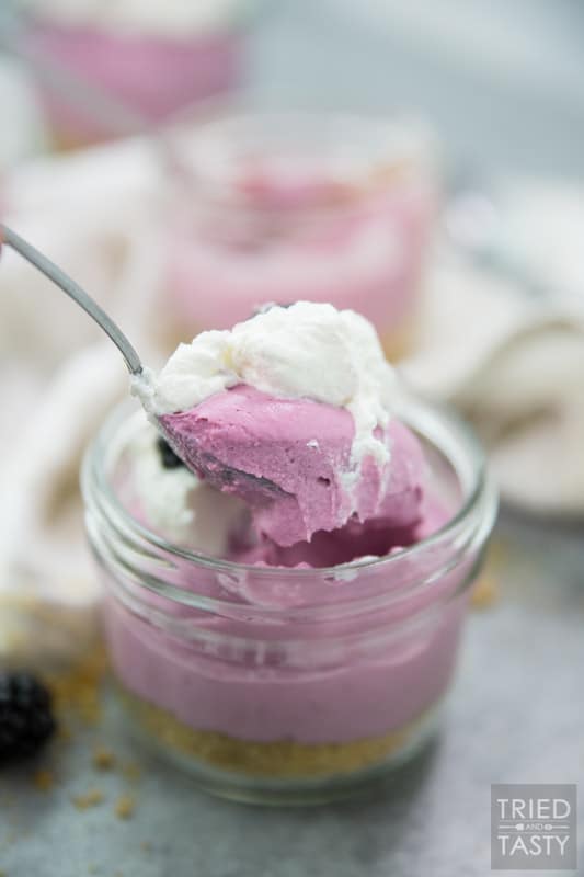No Bake Blackberry Cheesecake // Smooth. Creamy. Delicious. NO BAKE! This dessert hits ALL the marks. Blackberry lovers will flip over this quick & easy dessert! | Tried and Tasty